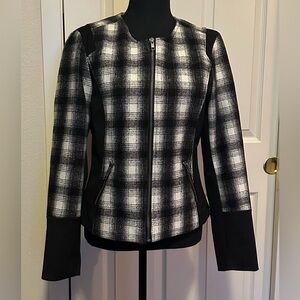 Baccini Black Ivory Plaid Flannel Ponte Blazer Jacket Zip Front Pockets Large